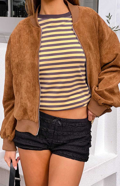 Rebecca Tan Cuffed Suedette Bomber Jacket