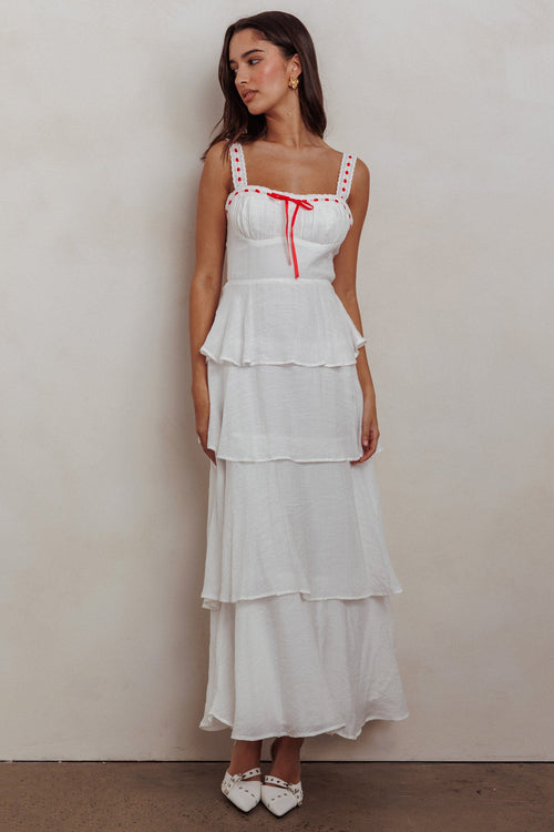 Provence Bloom Tiered Ruffle Maxi Dress Off White