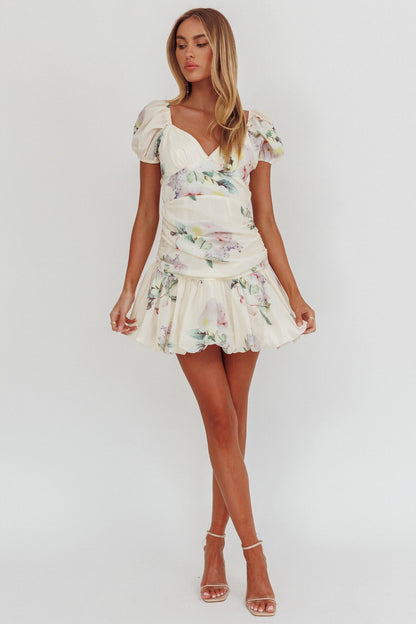 Annabella Puff Sleeve Tied Back Mini Dress Floral Butter