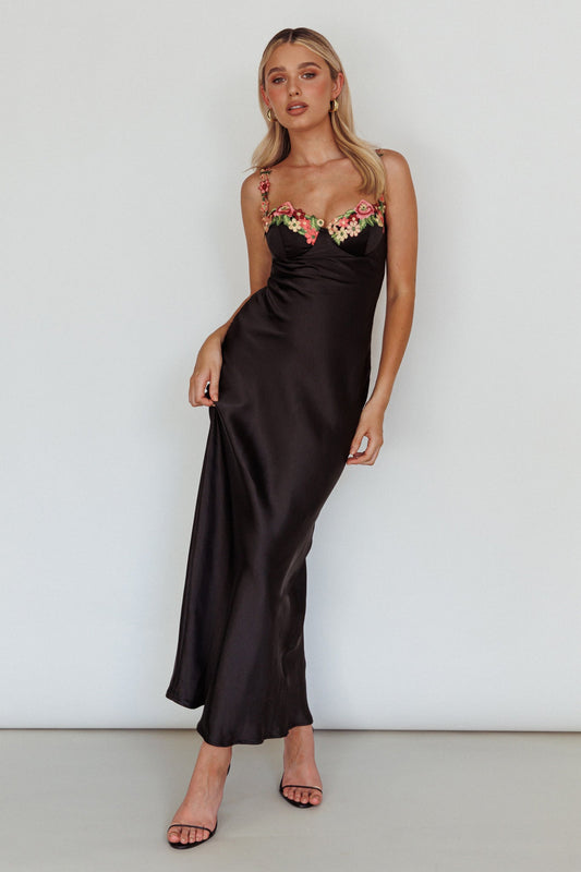 Rose Garden Floral Applique Midi Dress Black