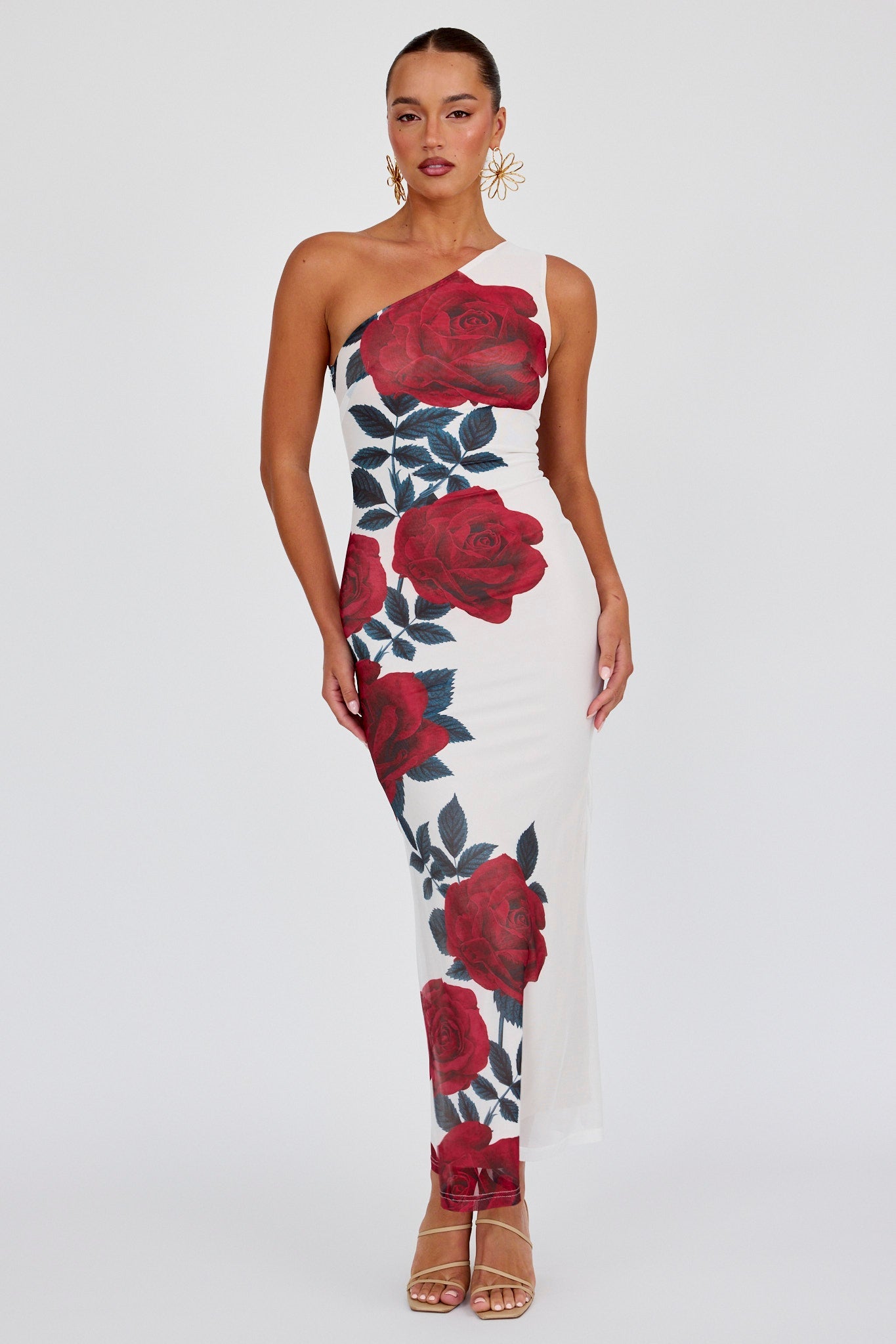Desiree One Shoulder Mesh Maxi Dress Rose