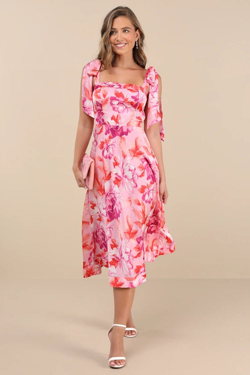 Fleurette Pink Floral Tie-Strap Midi Dress