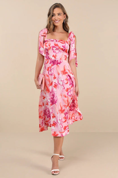 Fleurette Pink Floral Tie-Strap Midi Dress