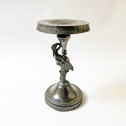 Aesthetic Movement Silver Plated Metal Candle Holder with Crane and "M" Monogram