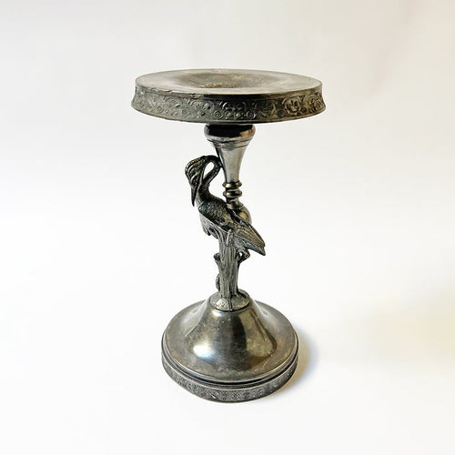 Aesthetic Movement Silver Plated Metal Candle Holder with Crane and "M" Monogram