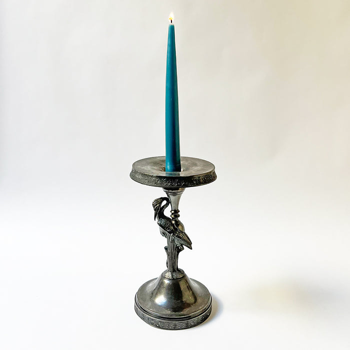 Aesthetic Movement Silver Plated Metal Candle Holder with Crane and "M" Monogram