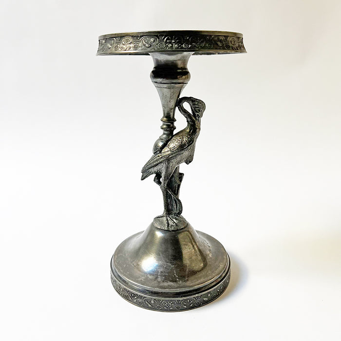 Aesthetic Movement Silver Plated Metal Candle Holder with Crane and "M" Monogram