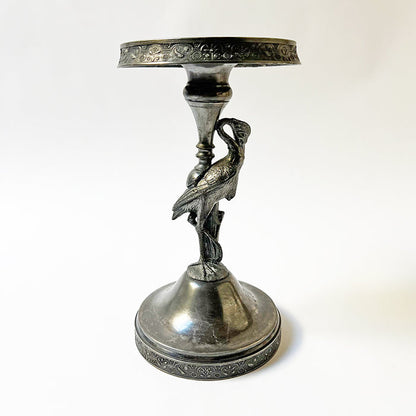 Aesthetic Movement Silver Plated Metal Candle Holder with Crane and "M" Monogram