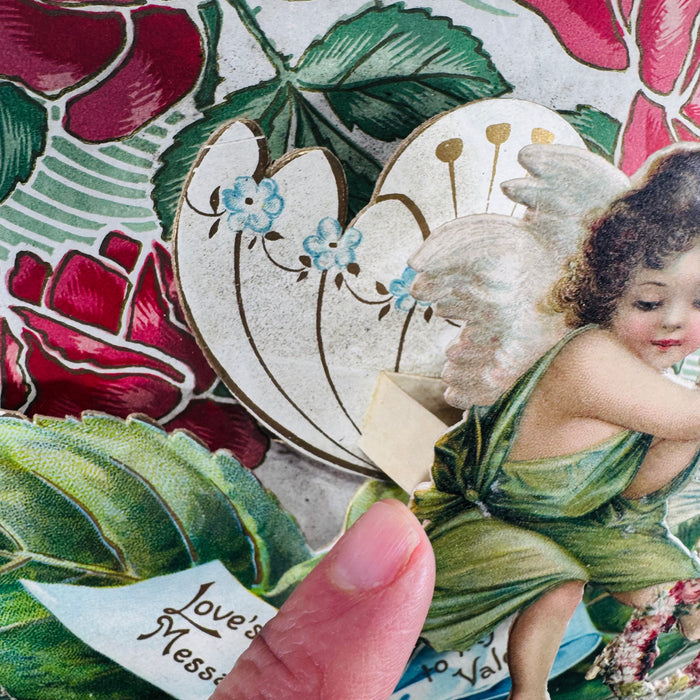 Antique Stand-Up Victorian Valentine Card (c.1909–1912) — Embossed Cherub, Dove & Roses — 10" x 7"