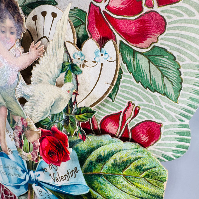 Antique Stand-Up Victorian Valentine Card (c.1909–1912) — Embossed Cherub, Dove & Roses — 10" x 7"