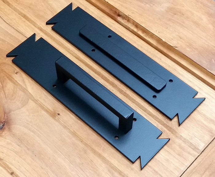 Arts and Crafts Style Door Pull - Barn Door Handle - with matching Finger Pull - angle view - Wild West Hardware