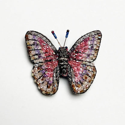Beaded Pink Butterfly Embroidered Pin by Trovelore