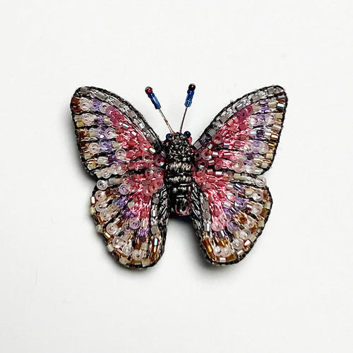 Beaded Pink Butterfly Embroidered Pin by Trovelore