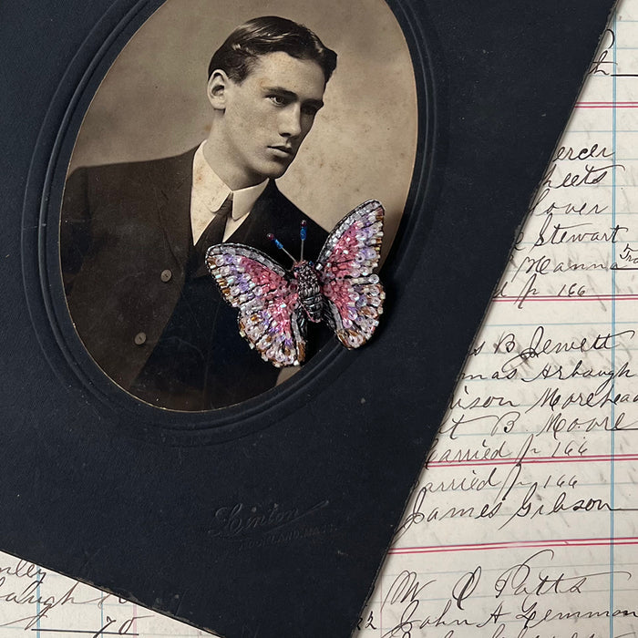 Beaded Pink Butterfly Embroidered Pin by Trovelore