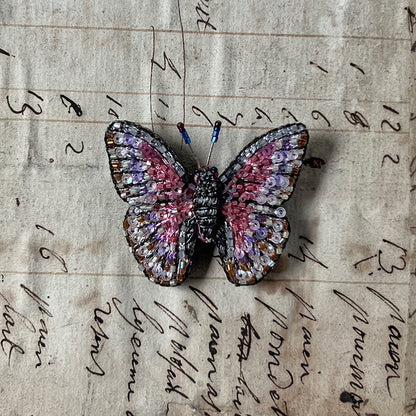 Beaded Pink Butterfly Embroidered Pin by Trovelore