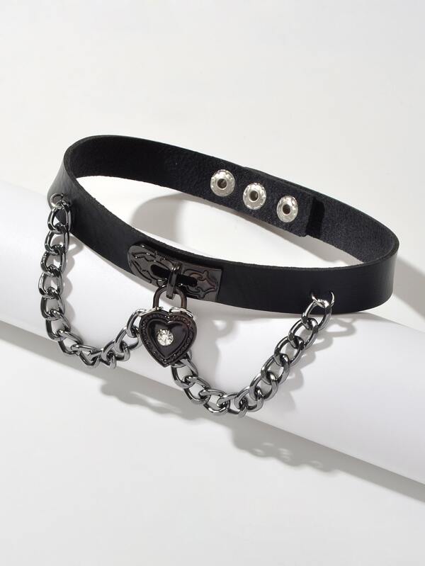 Black Gothic Ajustable Pu Leather Choker Collar Necklace With Heart Pendant for Women