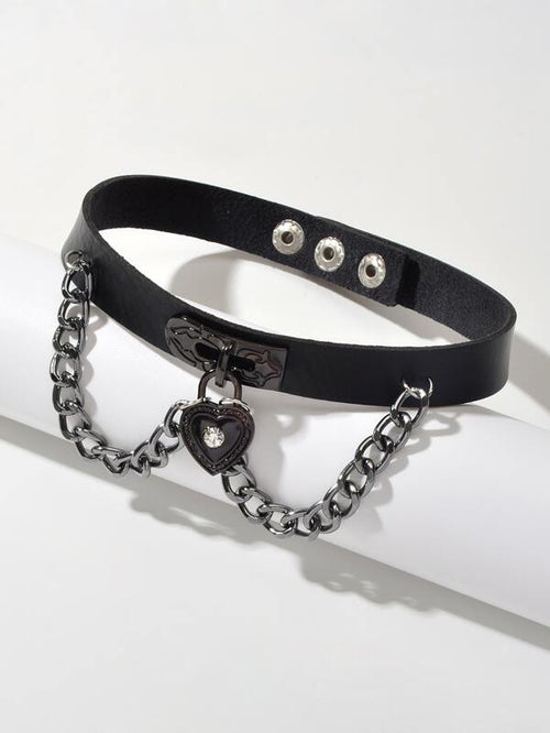 Black Gothic Ajustable Pu Leather Choker Collar Necklace With Heart Pendant for Women