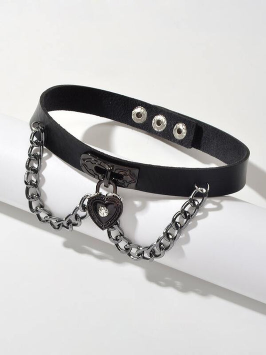 Black Gothic Ajustable Pu Leather Choker Collar Necklace With Heart Pendant for Women