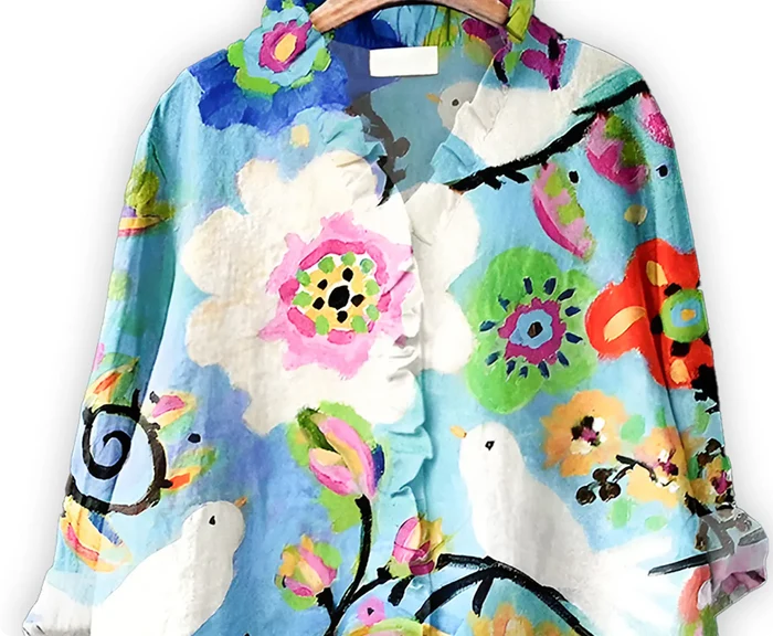 Blue Floral & Bird Print Relaxed-Fit Button-Down Shirt  for Women | Poly-Cotton