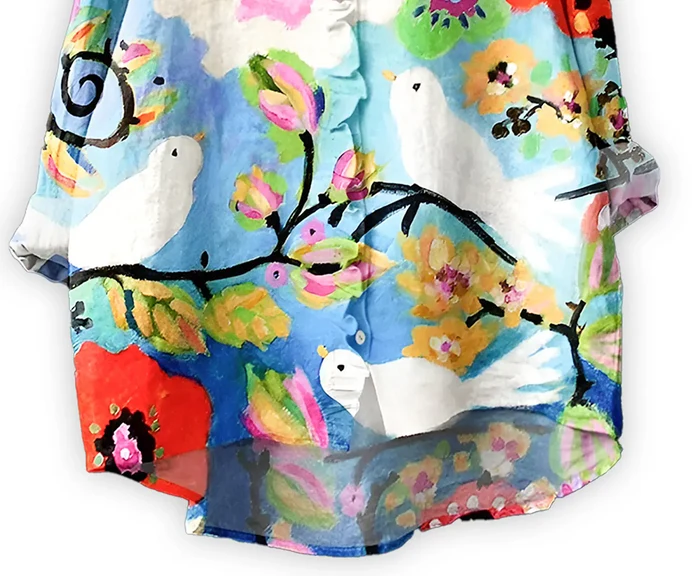 Blue Floral & Bird Print Relaxed-Fit Button-Down Shirt  for Women | Poly-Cotton