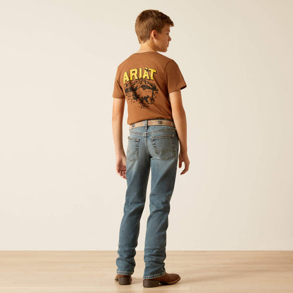 Boy's Ariat B5 slim straight jean in a medium wash. Rear view