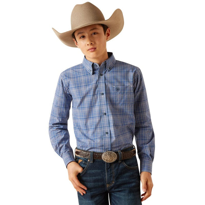 Boy's Ariat long sleeve shirt in True Blue Plaid.  Front view showing shirt tucked in.