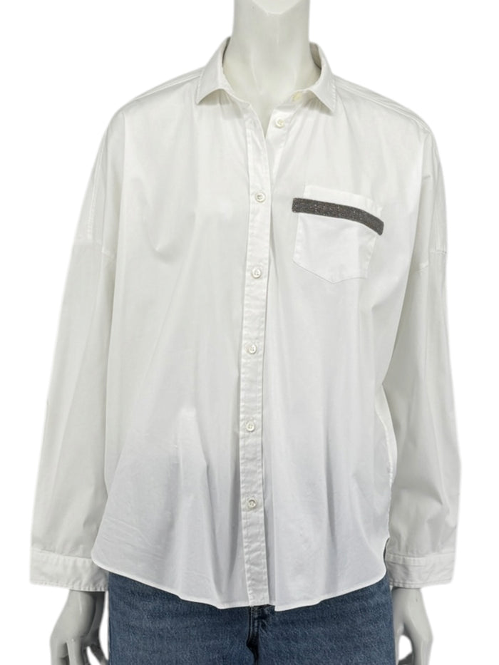 Brunello Cucinelli White Monili Trim Oversized Cotton Button-Front Shirt L