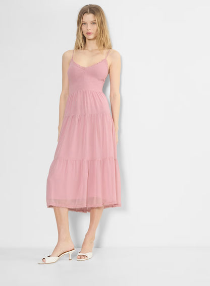 Chiffon tiered V-neck midi dress— tart pink