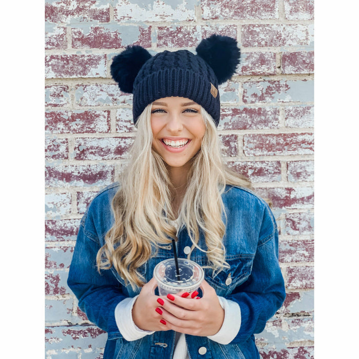 CC Beanie Cable Knit Double Matching Pom Beanie