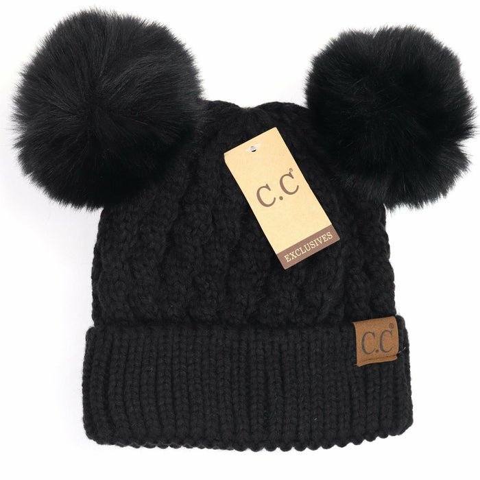 CC Beanie Cable Knit Double Matching Pom Beanie