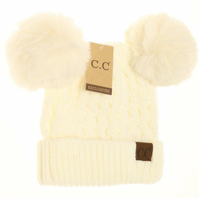 CC Beanie Cable Knit Double Matching Pom Beanie