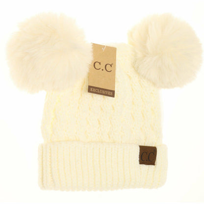CC Beanie Cable Knit Double Matching Pom Beanie