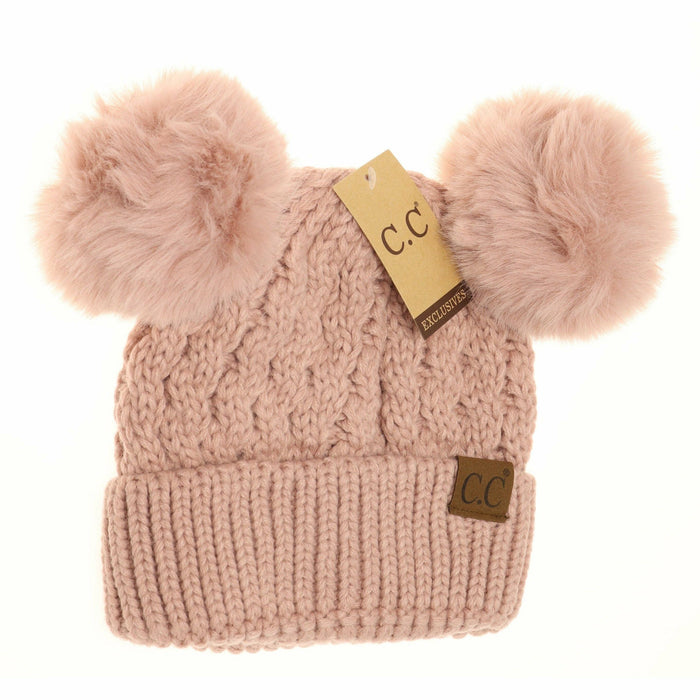 CC Beanie Cable Knit Double Matching Pom Beanie