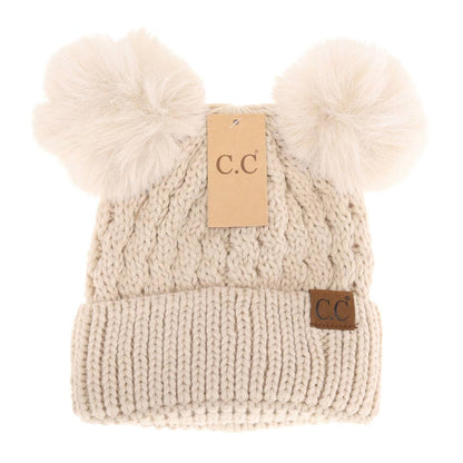 CC Beanie Cable Knit Double Matching Pom Beanie