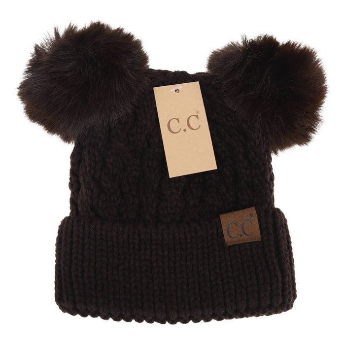 CC Beanie Cable Knit Double Matching Pom Beanie