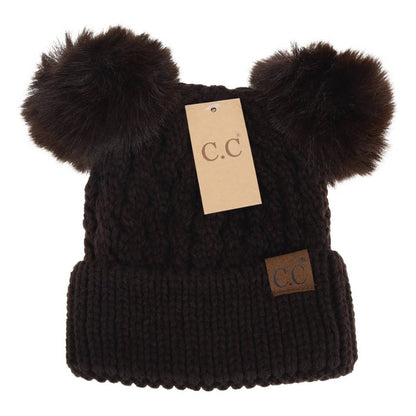 CC Beanie Cable Knit Double Matching Pom Beanie