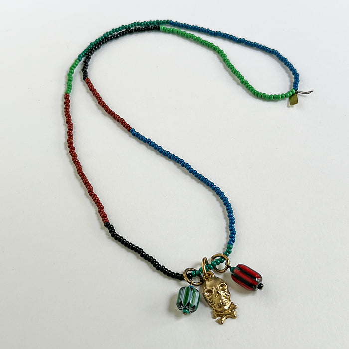 Color Block Beaded Necklace with Skull & Crossbones Charm