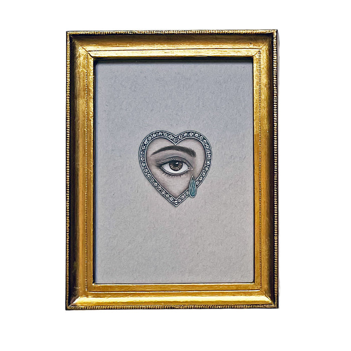 Don Carney Brown Right Eye with Gem Tear & Diamond Heart - Art Print in Gold Frame