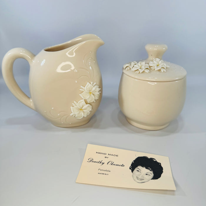 Dorothy Okumoto Creamer and Sugar Set Hawaiian Porcelain Plumeria Flowers