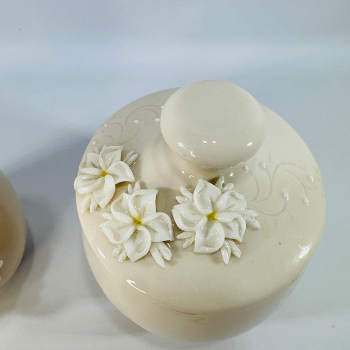 Dorothy Okumoto Creamer and Sugar Set Hawaiian Porcelain Plumeria Flowers