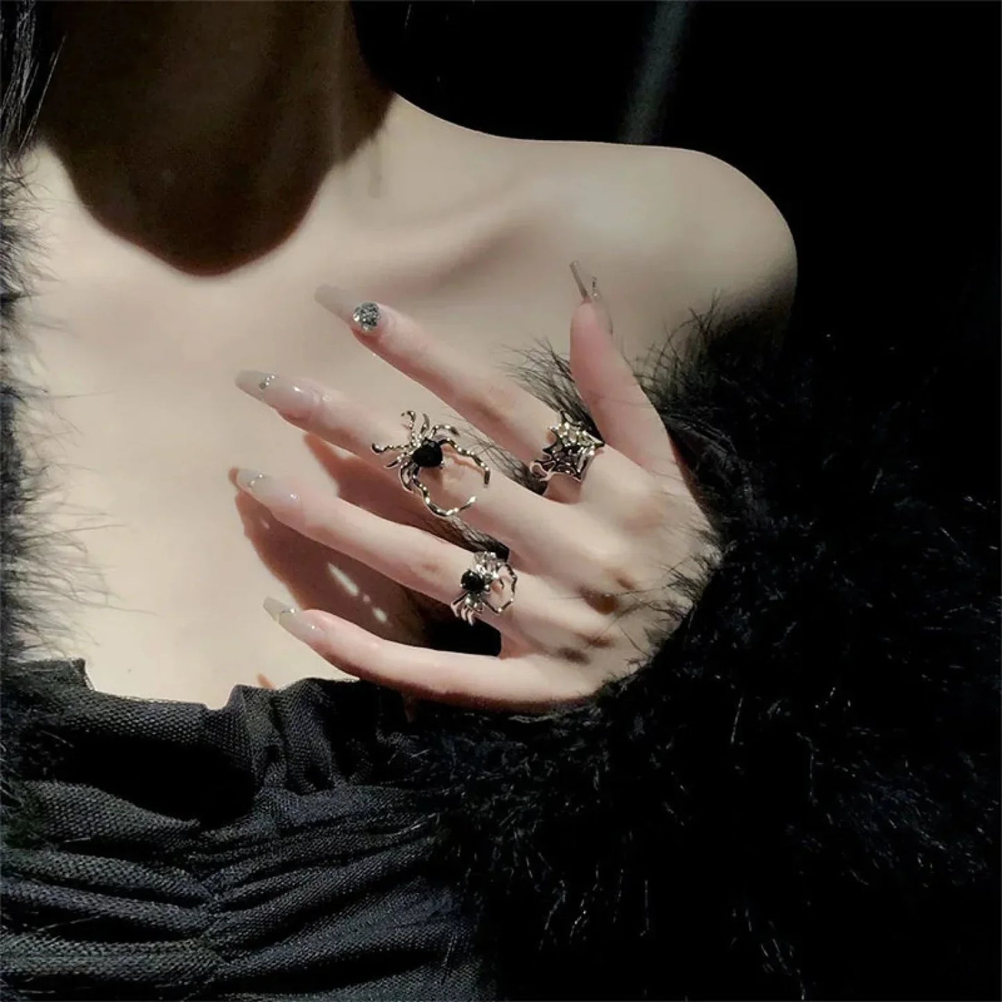 Electroplating Dark Heart Gothic Spider Web Ring