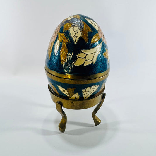 Enameled Brass Egg Trinket Box 1970s Floral Cloisonne Style with Three Leg Display Stand