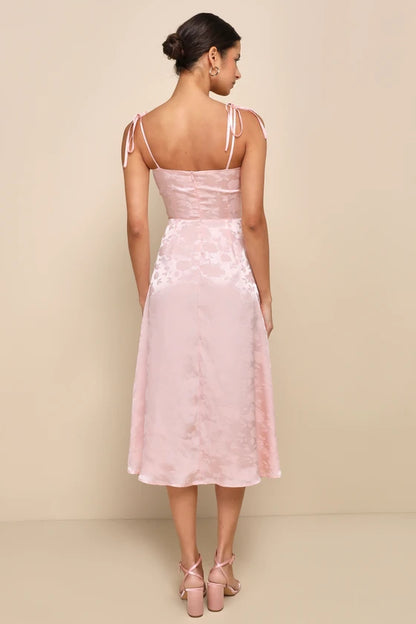 Ethereal Muse Light Pink Satin Jacquard Embroidered Midi Dress