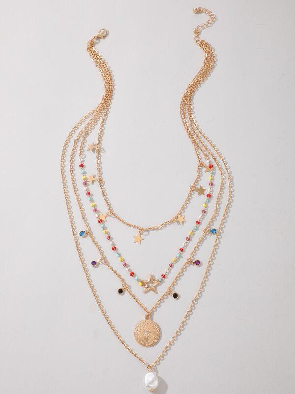 Faux Pearl Charm Chain Layered Necklace for Women