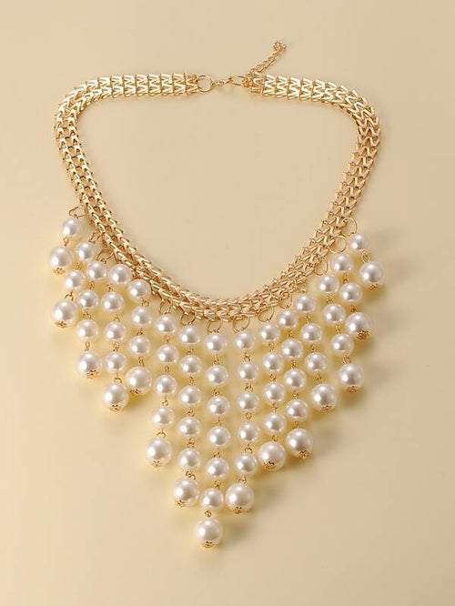 Faux Pearl Tassel Charm Necklace for Women
