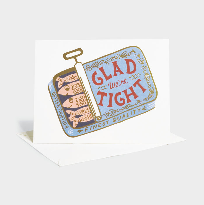 Greeting card with illustrated sardine tin.