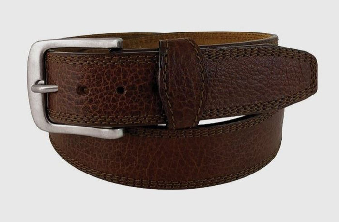 Brown bison leather belt with a nickel finish buckle, featuring tonal triple stitched edges and a sloped leather loop.