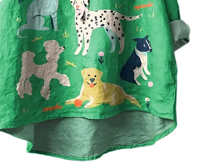 Green Dog Print Relaxed-Fit Button-Down Shirt  for Women | Poly-Cotton