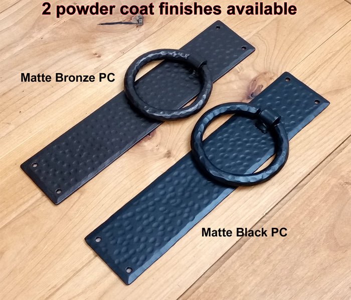 A hammered ring pull with a backplate, available in two finishes, used for doors or drawers, displayed on a white background.