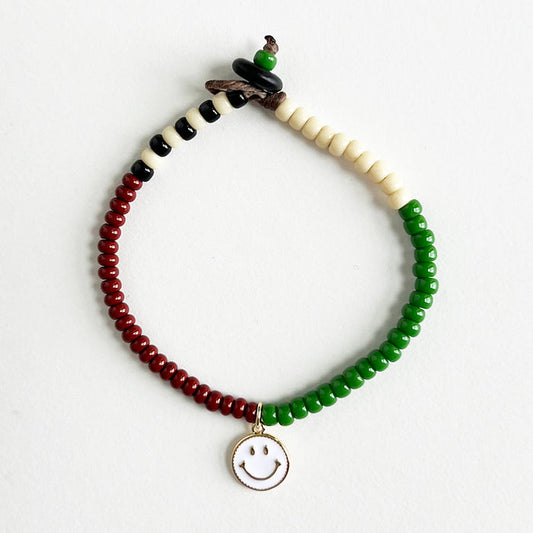 Happy Face Beaded Bracelet (Brown & Green)